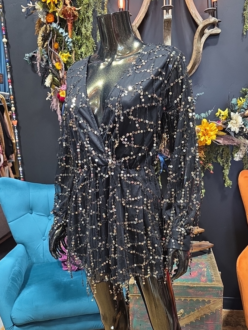 Xtaren Black Sequin Sheer Long-Sleeve Romper